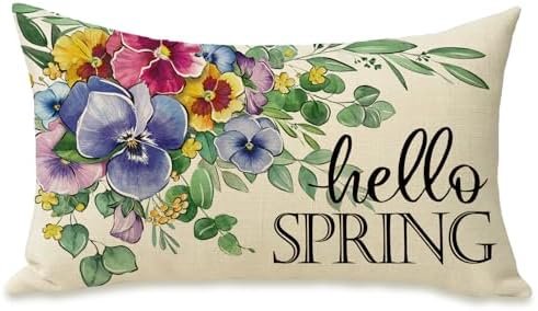 Hello Spring Lumbar Decorative Rectangle Pillow Cover 12 x 20, Pansy Flower Eucalyptus Leaves Porch Patio Outdoor Pillowcase, Floral Seasonal Sofa Couch Cushion Case Home Decor