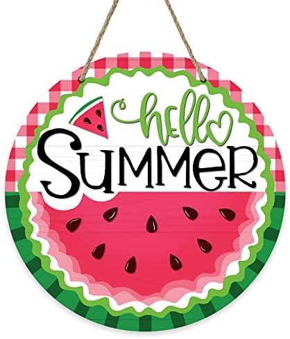 Hello Summer Watermelon Sign for Front Door, Red Buffalo Plaid Check Green Stripes Wood Door Hanger Outdoor Outside Porch Decor, Seasonal Farmhouse Wooden Wreath Indoor Wall Hanging Decoration