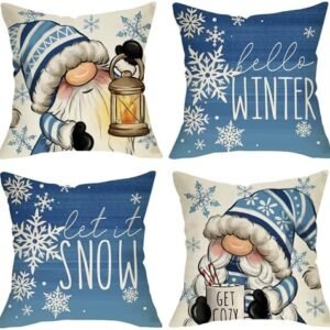 Hello Winter Blue Gnome Decorative Throw Pillow Covers 18x18 Set of 4, Let It Snow Snowflakes Hot Cocoa Lamp Porch Outdoor Home Decor, Get Cozy Seasonal Decorations Sofa Couch Cushion Case