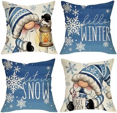 Hello Winter Blue Gnome Decorative Throw Pillow Covers 18x18 Set of 4, Let It Snow Snowflakes Hot Cocoa Lamp Porch Outdoor Home Decor, Get Cozy Seasonal Decorations Sofa Couch Cushion Case