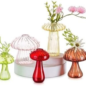 Hewory Glass Mushroom Vase for Flowers, 5pcs Colored Small Bud Flower Vases Unique, Mushroom Propagation Hydroponic Vases, Funky Cottagecore Decor for Home Room Kitchen Office Windowsill Decorations