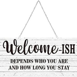 Hotop Funny Welcome Sign Welcomes Front Door Sign for Home Decor 12 x 6 Inch, Rustic Metal Hanging Sign Farmhouse Door Decor for Home Porch Decor Entryway Black Words with