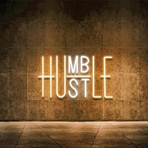 Hustle LED Neon Sign for Wall Decor, Humble Party Decorations, USB Powered Switch Adjustable Brightness LED Neon Lights, for Office Room, Gym Room, Man Cave Decor (Yellow&White)