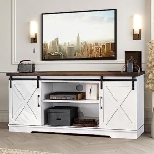 IDEALHOUSE Farmhouse TV Stand for 65 Inch TV Entertainment Center TV Media Console Cabinet, Barn Doors TV Stand with Storage and Shelves, Modern White TV Console Table Furniture for Livingroom (White)