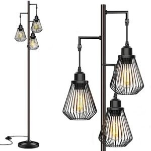 Industrial Floor Lamps for Living Room, Farmhouse Standing Lamp with 3 Hanging Teardrop Cage Shades, 68" Modern Rustic Tree Tall Lamps with Pedal Switch for Bedroom Office Home Light Decor, Black