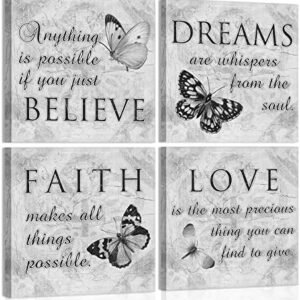 Inspirational Butterfly Wall Art - 4 Panels Grey Canvas Print - Faith Love Dreams Believe Calligraphy Canvas Wall Decor - Motivational Posters for Home Office Decor (B01, 12x12inch)