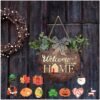 Interchangeable Welcome Sign Front Door Wreath Decor with Light, Seasonal Rustic Wreaths, Holiday Round Wood Wall Hanging Outdoor Pediments for Halloween, Christmas, Home Porch, Farmhouse, All Seasons