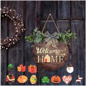 Interchangeable Welcome Sign Front Door Wreath Decor with Light, Seasonal Rustic Wreaths, Holiday Round Wood Wall Hanging Outdoor Pediments for Halloween, Christmas, Home Porch, Farmhouse, All Seasons