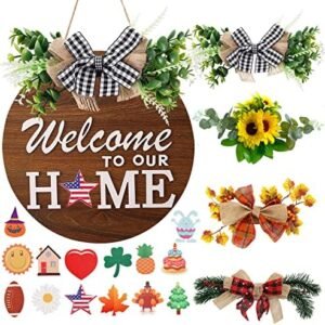 Interchangeable Welcome Sign for Front Door with 4 Seasonal Wreaths and 14 Changeable Icons, Farmhouse Porch Decor, Seasonal Rustic Wooden Sign home décor (6wood)