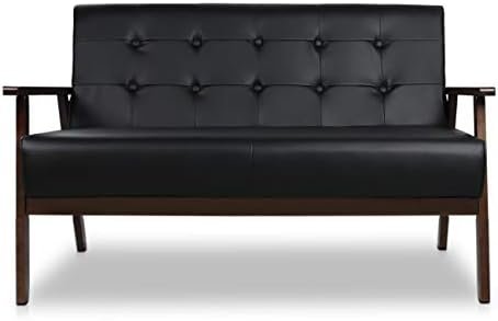 JIASTING Mid-Century Modern Solid Loveseat Sofa Upholstered Faux Leather Couch 2-Seat Wood Armchair Living Room/Outdoor Lounge Chair,50”W Black