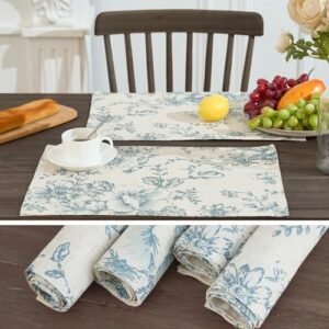 JINCHAN Floral Placemats Set of 4 Farmhouse Fall Autumn Linen Placemats Cloth Table Mats Holiday Seasonal Rustic for Kitchen Dining Table Decor Heat Resistant Washable Tablemats 13x19 Inch Blue