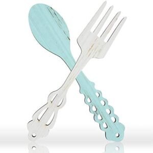 Jetec 2 Pieces Large Fork and Spoon Wall Decor Wooden Spoon Shaped Wall Sign Fork Shaped Hanging Sign Farmhouse Kitchen Wall Decors for Home Kitchen Dining Living Room Decor (Light Cyan, White)