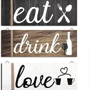 Jetec 3 Pcs Farmhouse Kitchen Wall Decor Eat Sign Rustic Wooden Kitchen Sign Wood Home Sign Eat Drink Love Sign with Hanging Hole for Home Kitchen Dining Living Room Bar Cafe Decor (Classic Color)