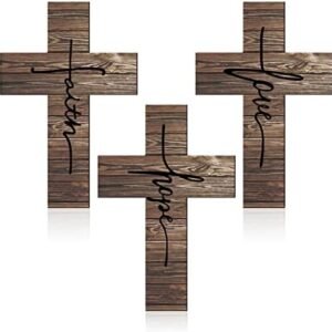 Jetec 3 Pieces Faith Love Hope Cross Sign Wood Wall Hanging Cross Rustic Cross Wall Decor Vintage Cross Wall Art Religious Love Cross Wall Decor Farmhouse Home Hanging Decor, 12 x 8 Inch (Brown)