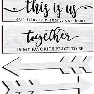 Jetec 4 Pcs This is Us Our Life Our Story Family Signs for Home Wall Decor Rustic Wall Decor Wood Signs Home Wooden Sign Wooden Arrow Hanging Signs for Farmhouse Living Room, 15 x 4 x 0.2 Inch