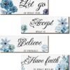 Joyhawk 4 Pieces Blue Flower Wall Decor For Bedroom, Accept-Let go-Have faith-Believe Wooden Inspirational Wall Art Decorations for Living Room Bathroom,Rustic Wooden Farmhouse Home Decor, 12 x 4 Inch