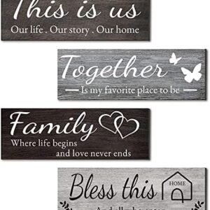 Joyhawk 4 Pieces Home Wall Decor Signs, THIS IS US/TOGETHER/BLESS THIS HOME/FAMILY Wall Decor For Living Room Bedroom, Rustic Wooden Farmhouse Wall Art Decor, 4.7 x 13.8 Inch(Mixed Color)