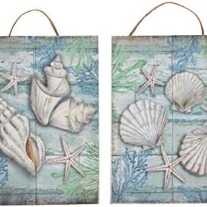 Juvale Wooden Wall Ornament - 2-Piece Small Hanging Decorations Under The Sea Seashells Design, Natural Decor Living Room, Hallway Dining Room, 8 x 5.9 x 0.9 inches