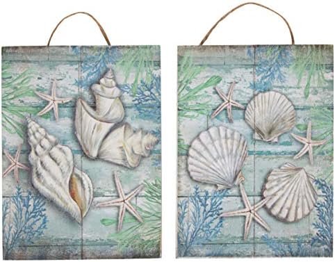 Juvale Wooden Wall Ornament - 2-Piece Small Hanging Decorations Under The Sea Seashells Design, Natural Decor Living Room, Hallway Dining Room, 8 x 5.9 x 0.9 inches