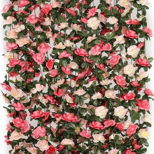 KHOYIME 9 Pack 72 FT Artificial Flower Garland, Fake Pink Roses Vines Silk Flowers Faux Plastic Outdoor Hanging Floral Ivy Garland Decoration for Wedding Arch Bedroom Home Wall Backdrop Room Decor