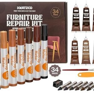 Katzco Furniture Repair Kit Wood Markers - Set of 34 - Markers and Wax Sticks with Sharpener - for Stains, Scratches, Floors, Tables, Desks, Carpenters, Bedposts, Touch-Ups, Cover-Ups