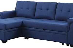 L-Shaped Upholstered Sofa, with Storage Chaise Recliner and Pull Out Bed, 84" Cushions Reversible Tufted Couch Sleeper, for Bedroom, Living Room, Apartment, Office-Blue, 84 Inch