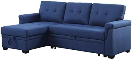 L-Shaped Upholstered Sofa, with Storage Chaise Recliner and Pull Out Bed, 84" Cushions Reversible Tufted Couch Sleeper, for Bedroom, Living Room, Apartment, Office-Blue, 84 Inch