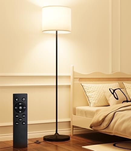 LED Floor Lamp for Living Room,Dimmable Standing Lamps with Lampshade and LED Bulb,Custom Color Temperature Tall Lamp for Bedroom with Foot Switch and Remote,Black Pole Lamp for Kid Room