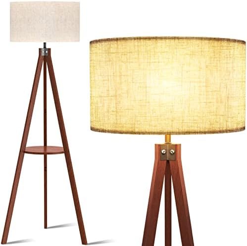 LEPOWER Tripod Floor Lamp, Mid Century Wood Standing Lamp, Modern Design Shelf Floor Lamp for Living Room, Bedroom, Office, Flaxen Lamp Shade with E26 Lamp Base