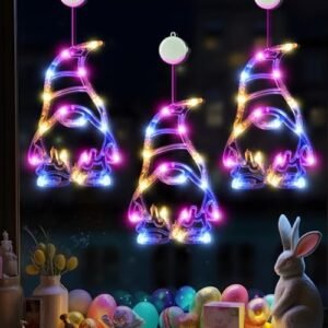 LOLStar Easter Window Lights, 3 Pack Easter Gnomes Decorations, Multicolor Hanging LED Lights with Suction Cups, Battery Operated Indoor Home Decor with Timer Function and Slow Fade