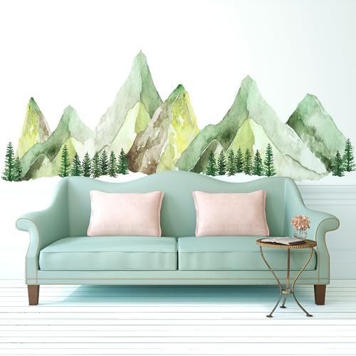 Large Mountain Wall Decals, Green Pine Tree Peel and Stick Vinyl Wall Stickers & Murals, Removable Home Room Wall Decor for Bedroom Living Room Bedroom Classroom Office Nursery