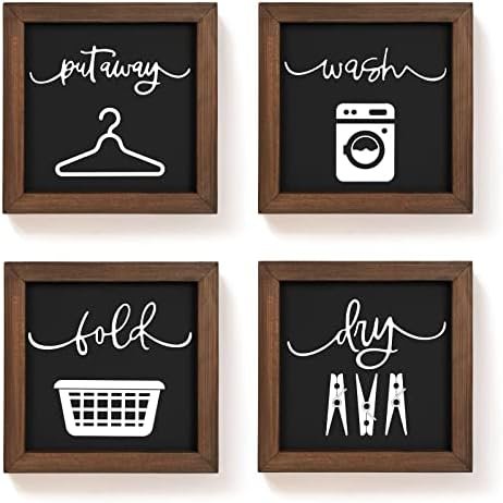 Laundry Room Decor for Wall Farmhouse Laundry Signs Set of 4 Wash Dry Fold Put Away Rustic Laundry Decor for Laundry Room Shelf Laundry Wall Decor with Wood Frame Decorative Laundry Room Sign 8''x 8''