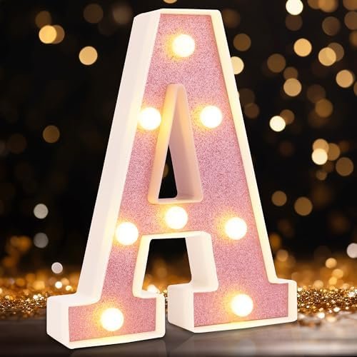 Led Light Up Letters, Pink Marquee LED Letter Lights 26 Alphabet, Small Pink Lighted Letters, Battery Powered Glitter Letters with Lights for Party, Table, Wall Decor（Letter A)