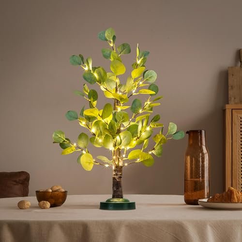 Lightshare 24IN Lighted Eucalyptus Tabletop Tree Bonsai with Timer 56LED Warm White Battery Operated USB Powered for Wedding Spring Home Decoration