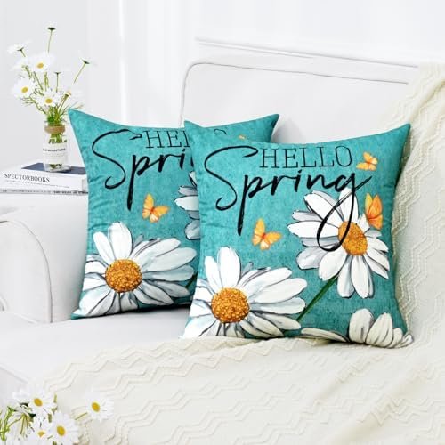 Likiyol Spring Pillow Covers 18x18, Daisy Flower Decorative Throw Pillows, Set of 2 Hello Spring Seasonal Cushion Case for Home Couch Sofa Bed Decor