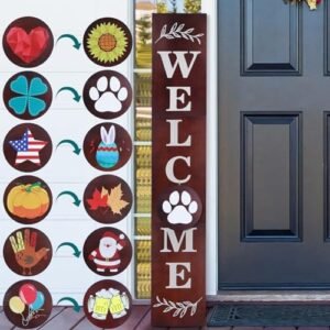 Lotkey Seasonal Welcome Sign for Front Door, 47 x 7.9 Inch Welcome Sign with 12 Wooden Icons (6 Double-sided Disks) Porch Decor for Summer Fall Thanksgiving Christmas Party Outdoor Sign (Brown)