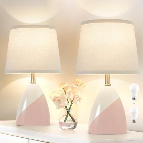 Luvkczc Ceramic Table Lamps, Bedside Table Lamps Set of 2 with 3-Color Temperature, Nightstand Lamps with Fabric Lampshade for Bedroom, Living Room, Home Office(Bulb Included)