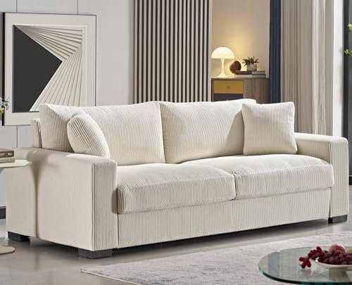 Luxe Corduroy Sofa with 2 Toss Pillows, Spacious and Comfortable 3 Seater Couch for Modern Living Room, Ideal for Entertainment and Cozy Moments, 89" Wide, Beige