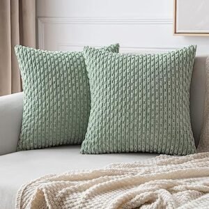 MIULEE Throw Pillow Covers Soft Corduroy Decorative Set of 2 Boho Striped Pillow Covers Pillowcases Farmhouse Home Decor for Couch Bed Sofa Living Room Spring 18x18 Inch Greyish Green