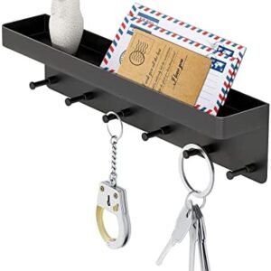 MKO Decorative Wall Mounted Mail Organizer and Key Holder with Tray - 6 Stainless Steel Key Hooks for Hallway Kitchen Farmhouse Decor (Black)