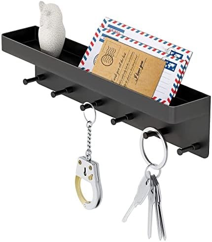 MKO Decorative Wall Mounted Mail Organizer and Key Holder with Tray - 6 Stainless Steel Key Hooks for Hallway Kitchen Farmhouse Decor (Black)