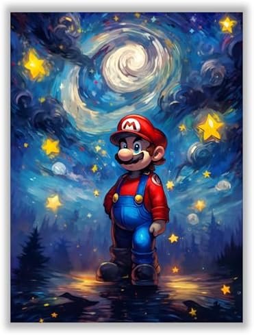 Mario Wall Art Poster – ( 12 x 16 inch ) Unframed - Van Gogh Starry Night Style Gaming Poster, Posters for Gamer Room, Boys Room Decor, Gamer Room Decor Wall Art, Mario Room Decor for