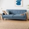 Mellow Adair Mid-Century Modern Sofa Couch with Armrest Pockets, Tufted Linen Fabric, Heather Blue