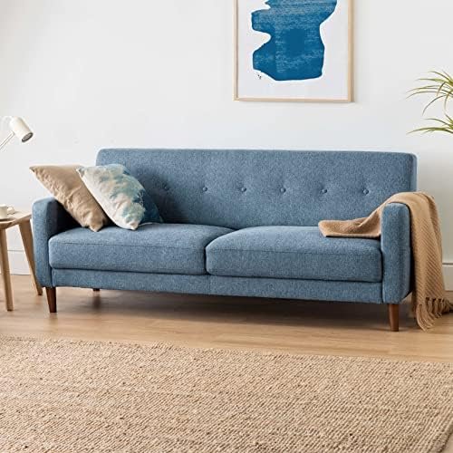 Mellow Adair Mid-Century Modern Sofa Couch with Armrest Pockets, Tufted Linen Fabric, Heather Blue