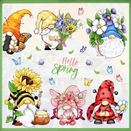 Mfault 102 PCS Hello Spring Gnome Flower Window Clings 9 Sheets, Floral Sunflower Daisy Butterfly Wall Stickers Decal Decorations, Honey Bee Ladybug Seasonal Living Room Home Kitchen Decor