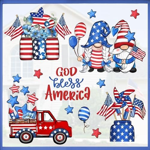 Mfault 4th of July God Bless America Patriotic Window Clings 4 Sheets, USA Gnome Truck Mason Jar Wall Stickers Decal Decorations, American Flag Windmill Flower Stars Living Room Home Kitchen Decor