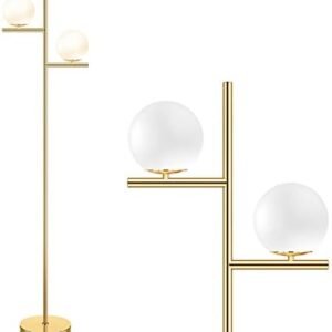 Mid Century Floor Lamp - 2 Globe Modern Standing Lamp with Foot Pedal, Frosted Glass Stand Up Lights for Living Room, Bedroom, Office, Contemporary LED Antique Brass|Gold Tall Pole Light Indoor