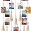 Mkono Hanging Photo Display Boho Macrame Wall Decor Teen Girl Teenage Gifts, Pictures Cards Frame Holder Wall Art Hanger for Birthday Party Room Bedroom Dorm, with 30 Wood Clips, Ivory