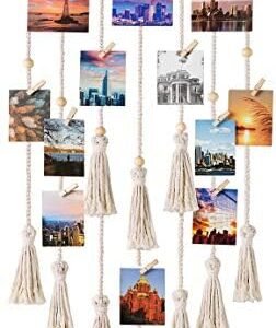 Mkono Hanging Photo Display Boho Macrame Wall Decor Teen Girl Teenage Gifts, Pictures Cards Frame Holder Wall Art Hanger for Birthday Party Room Bedroom Dorm, with 30 Wood Clips, Ivory