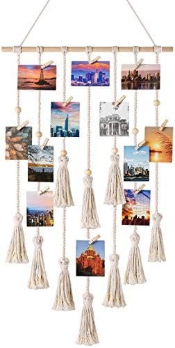 Mkono Hanging Photo Display Boho Macrame Wall Decor Teen Girl Teenage Gifts, Pictures Cards Frame Holder Wall Art Hanger for Birthday Party Room Bedroom Dorm, with 30 Wood Clips, Ivory